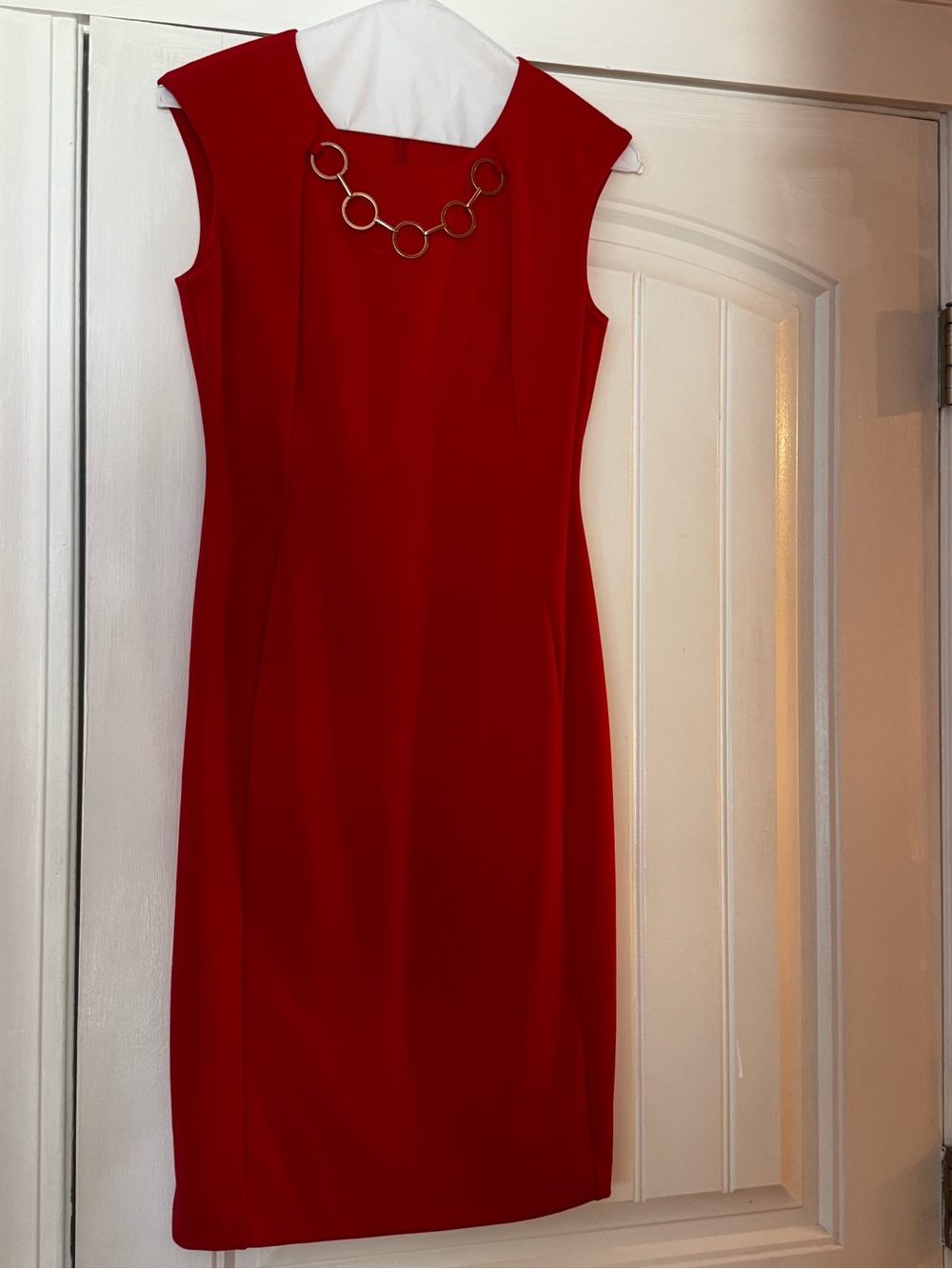 Calvin Klein Red Sheath Dress with Gold Chain Detail